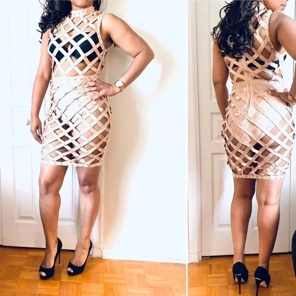 FASHION NOVA BANDAGE SEXY DRESS  TAN COLOR MEDIJM - Picture 3 of 16